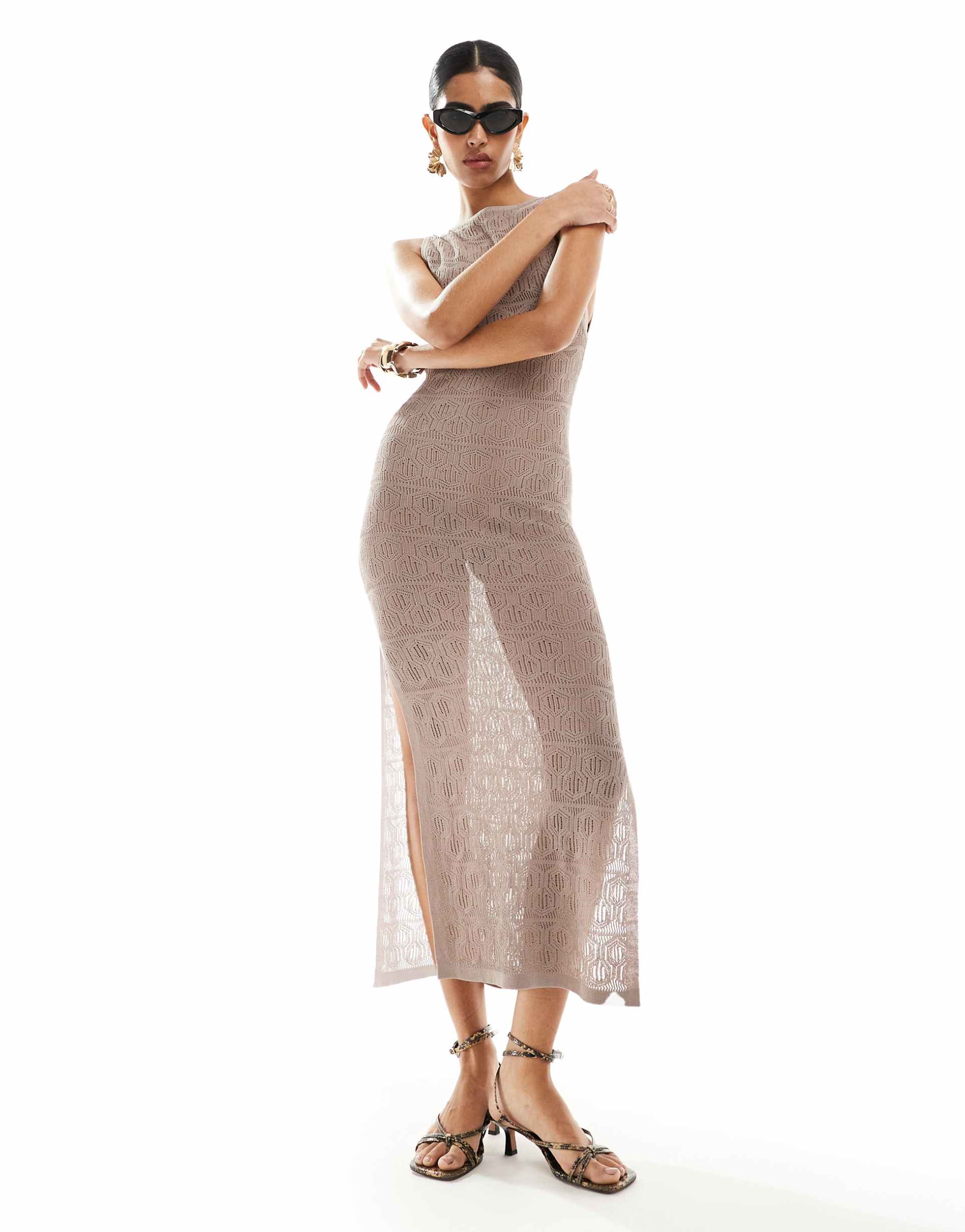 sndys crochet high neck maxi dress with thigh slit detail in mocha