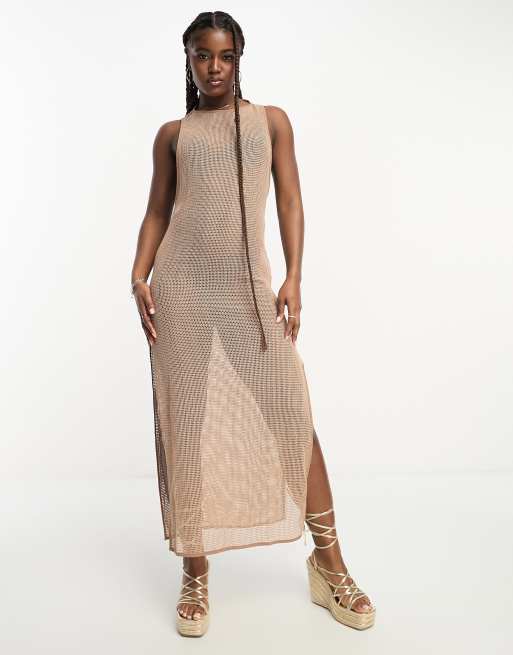 SNDYS crochet side slit maxi dress in beige