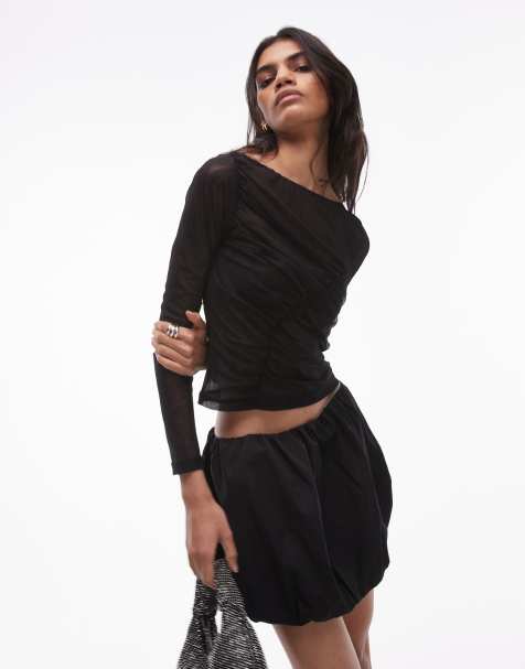 SNDYS - Crop top en tulle à manches longues et encolure bateau - Noir - view 1