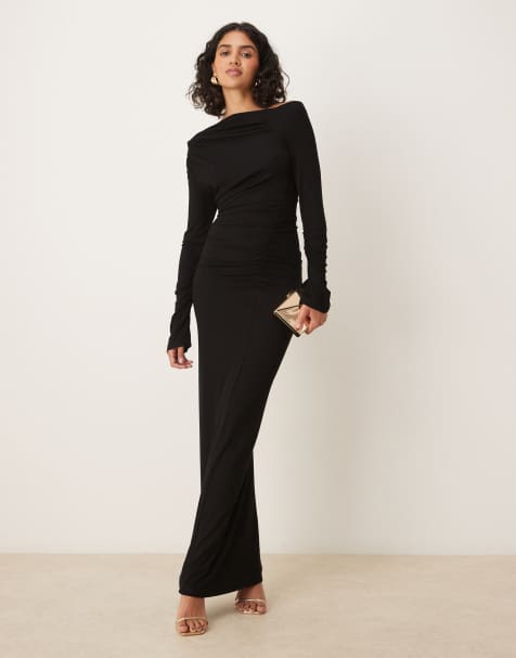 SNDYS fine rib ruched waist detail maxi dress in black