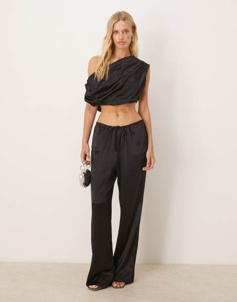 SNDYS satin drawstring wide leg trouser co-ord in black