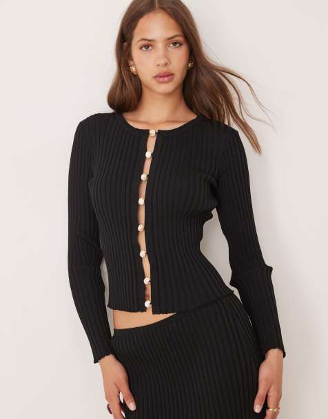 SNDYS ribbed knit pearl open detail long sleeve top co-ord in black