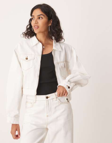 SNDYS denim balloon sleeve contrast stitch jacket in white (part of a set) - view 1