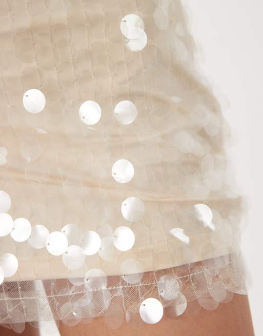 SNDYS disc sequin mini skirt in cream, 3 of 5