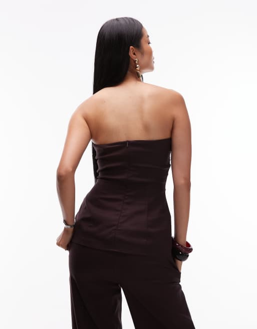 SNDYS – Elegantes, trägerloses Longline-Top in Schokobraun mit Raffung, Kombiteil, 4 von 4