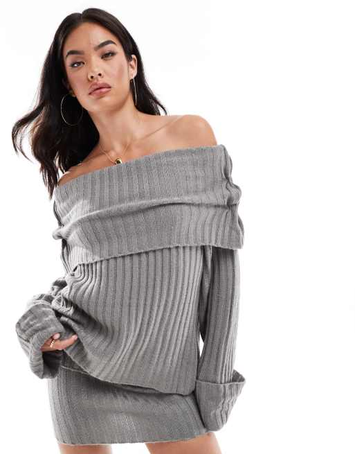 SNDYS - Ensemble en maille côtelée avec jupe longue et pull à encolure Bardot rabattue et manches larges - Gris