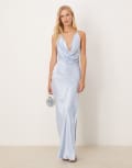 [SNDYS] SNDYS exclusive satin cowl neck strappy open back side split maxi dress in blue XXS BLUE