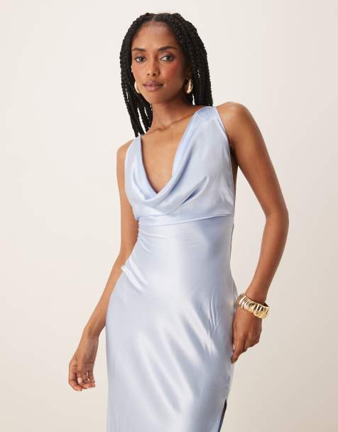 SNDYS exclusive satin one shoulder strappy back thigh split maxi dress in blue - view 1