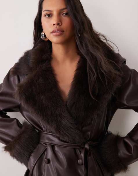 SNDYS faux leather faux fur collar & cuff double breasted belted jacket in chocolate - view 1