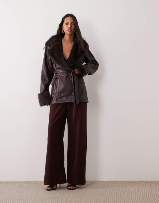 SNDYS faux leather faux fur collar & cuff double breasted belted jacket in chocolate, 2 of 4
