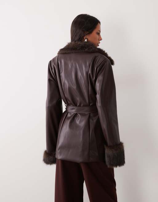 SNDYS faux leather faux fur collar & cuff double breasted belted jacket in chocolate, 3 of 4