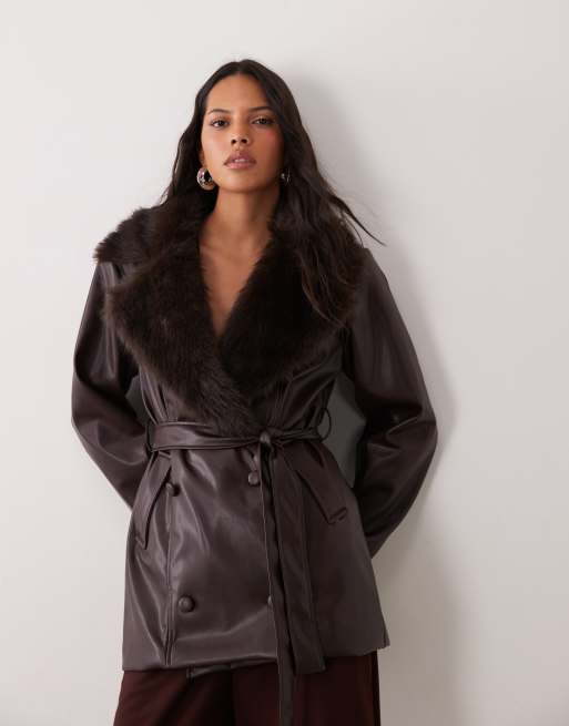 SNDYS faux leather faux fur collar & cuff double breasted belted jacket in chocolate, 4 of 4