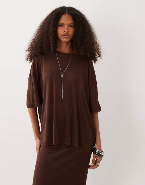 SNDYS fine knit drop shoulder t-shirt co-ord in chocolate - view 1