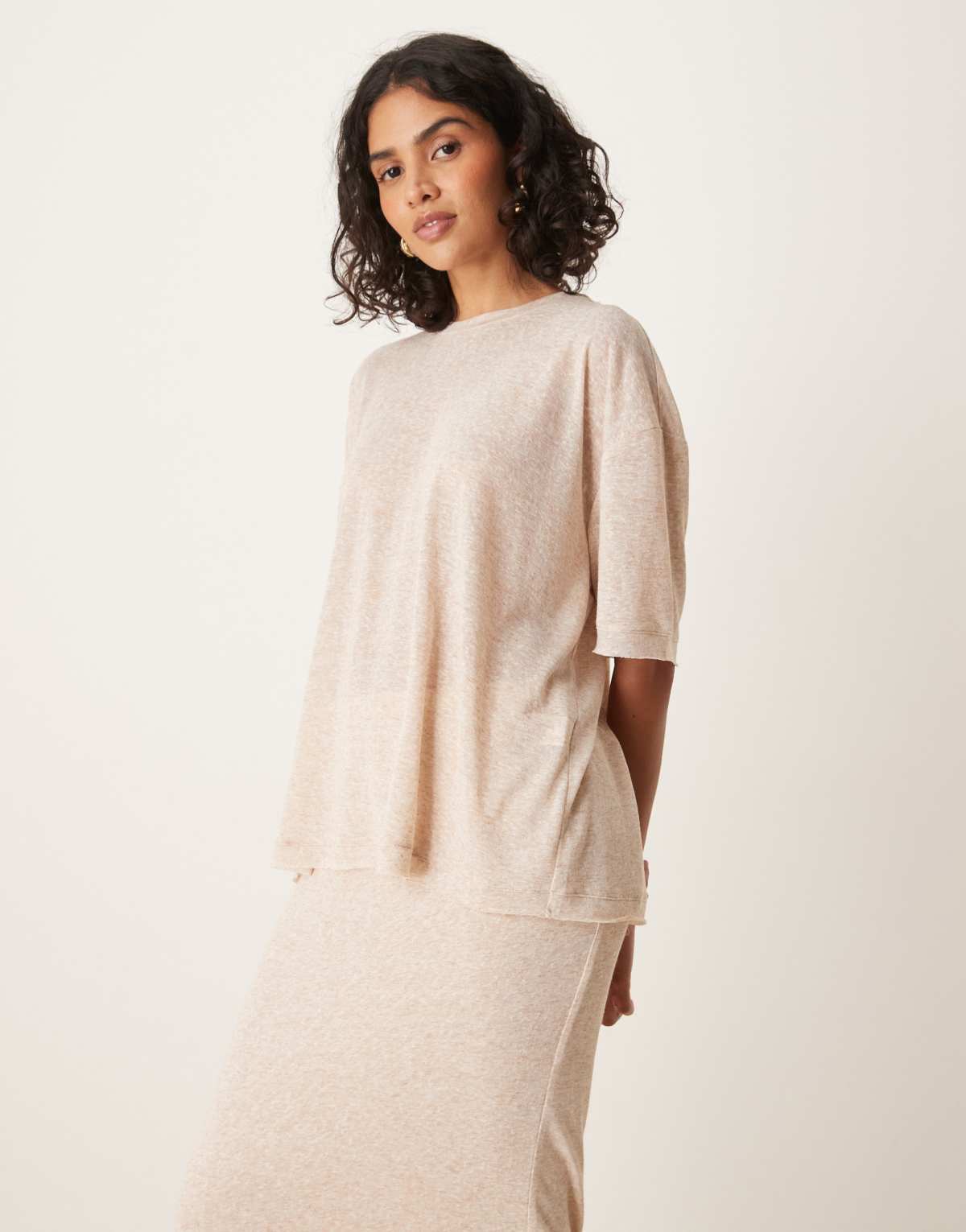 SNDYS fine knit drop shoulder t-shirt co-ord in cream marl