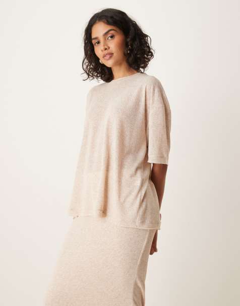 SNDYS fine knit drop shoulder t-shirt in cream marl (Part of a set) - view 1