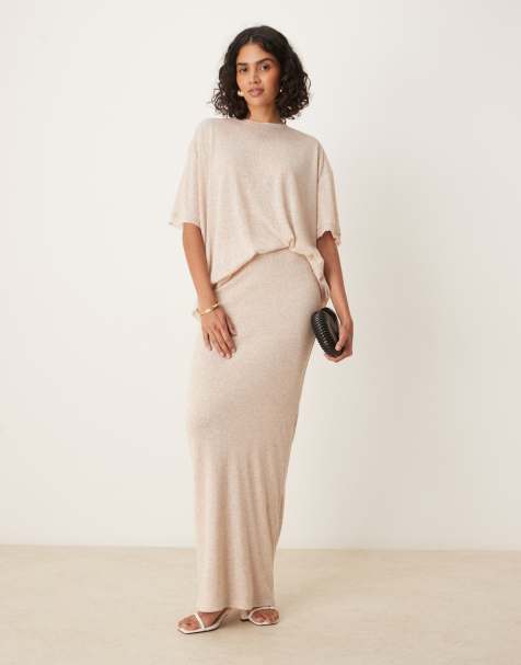 SNDYS fine knit high waisted maxi skirt and dropped shoulders t-shirt set in heathered cream - view 1