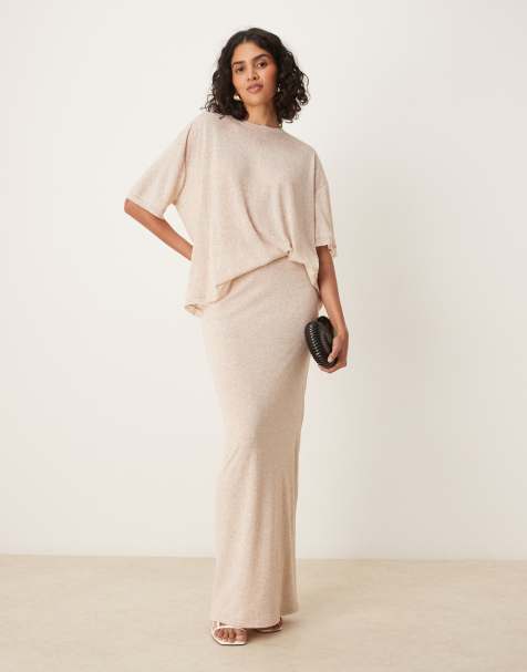SNDYS fine knit high waisted maxi skirt co-ord in cream marl