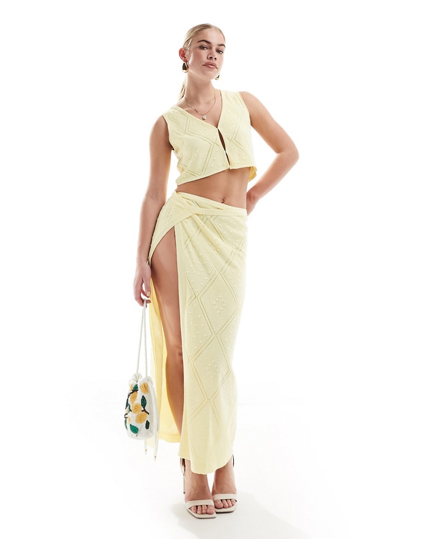 SNDYS fine knit tie detail maxi skirt co-ord in yellow