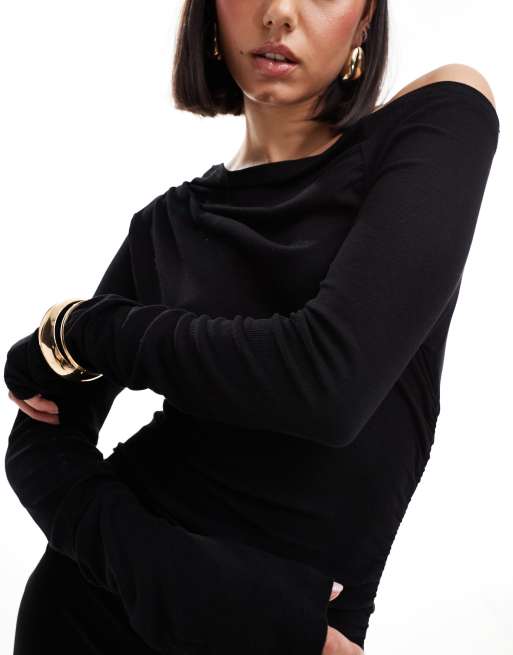 SNDYS fine rib off shoulder ruched detail maxi dress in black, 3 of 4