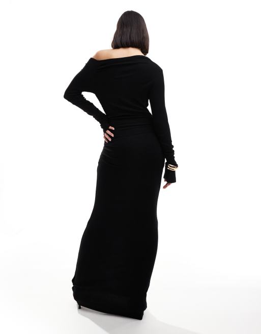 SNDYS fine rib off shoulder ruched detail maxi dress in black, 4 of 4