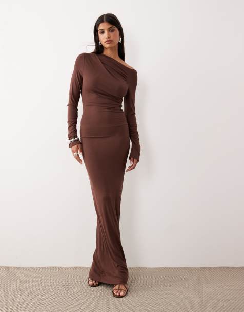SNDYS fine rib off shoulder ruched detail maxi dress in chocolate - view 1