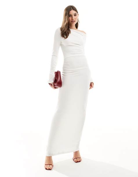 SNDYS fine rib off shoulder ruched detail maxi dress in white - view 1
