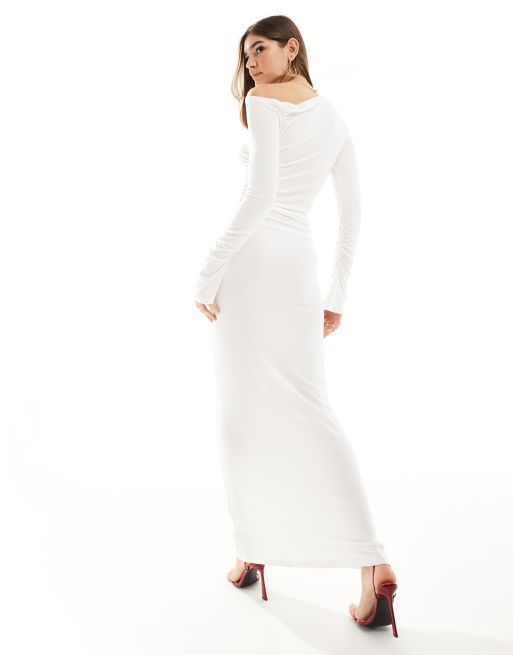 SNDYS fine rib off shoulder ruched detail maxi dress in white, 4 of 4