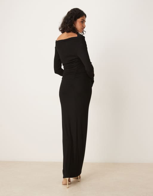 SNDYS fine rib ruched waist detail maxi dress in black