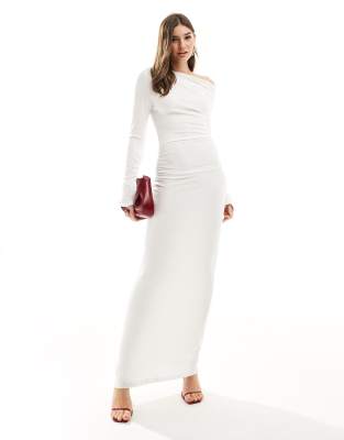 Sndys Fine Ribbed Off Shoulder Ruched Detail Maxi Dress In White