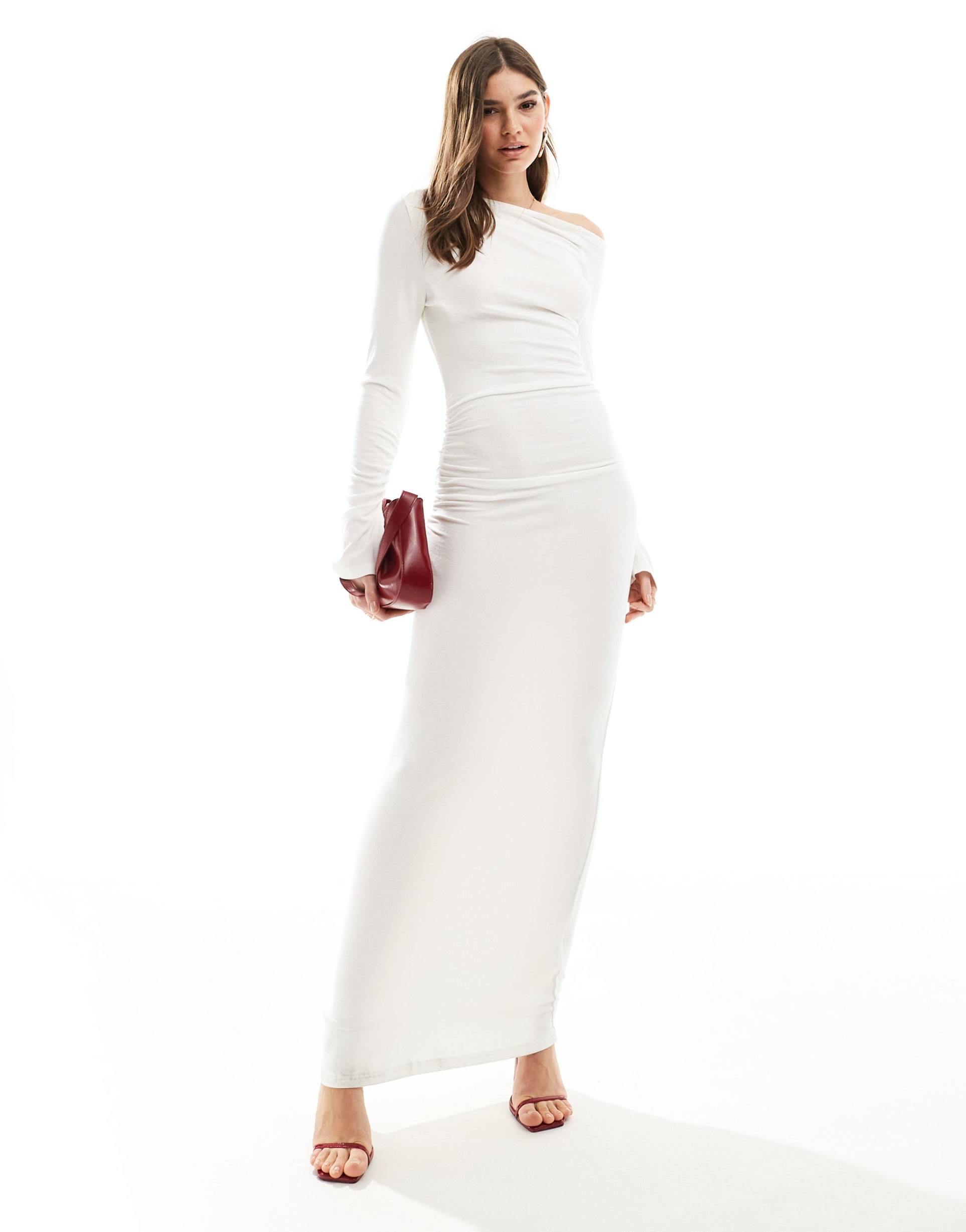 sndys fine ribbed off shoulder ruched detail maxi dress in white