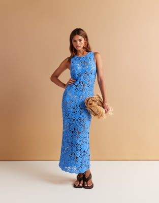 SNDYS flower open crochet maxi dress in blue