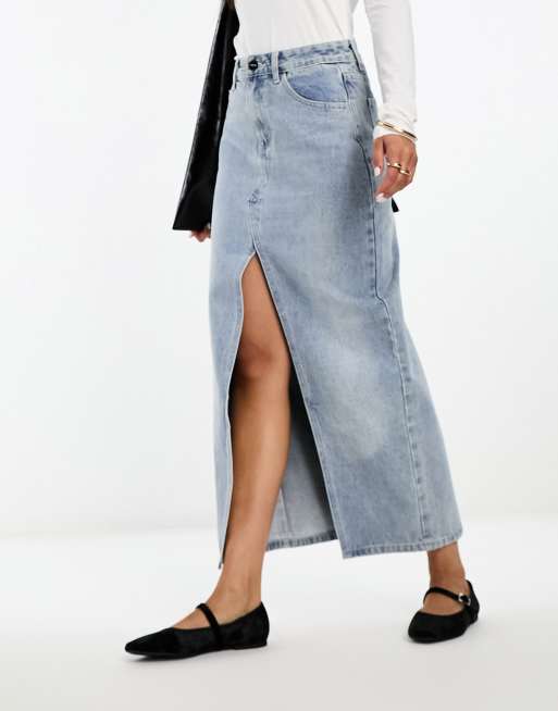 SNDYS front spilt denim maxi skirt in blue | ASOS