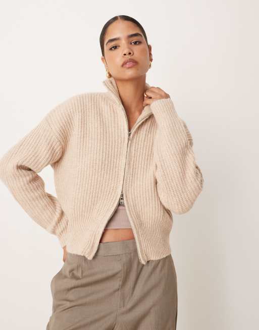 SNDYS funnel neck double zip knitted cardigan in oat