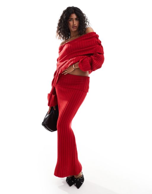 SNDYS - Gebreide co-ord set met bardot-trui en maxi rok in rood geribd
