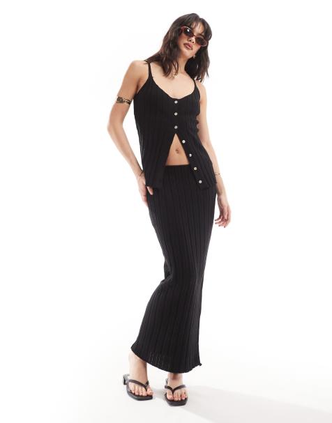 SNDYS - Gebreide geribbelde maxi rok in zwart, deel van co-ord set - view 1