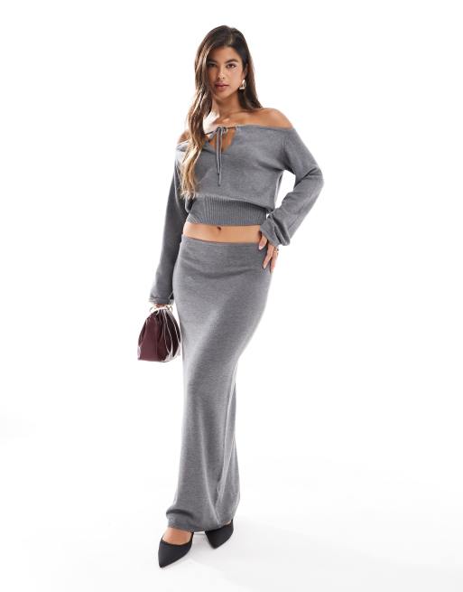 SNDYS - Gebreide maxirok met lage taille in grijs, deel van co-ord set
