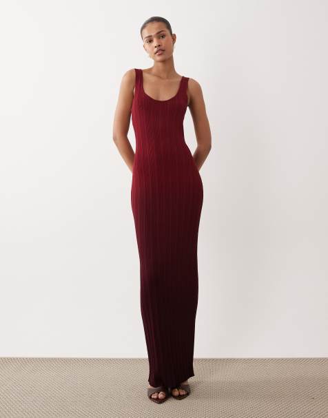 SNDYS - Geribbelde gebreide mouwloze bodycon maxi jurk met lage ronde hals in pruim ombre - view 1