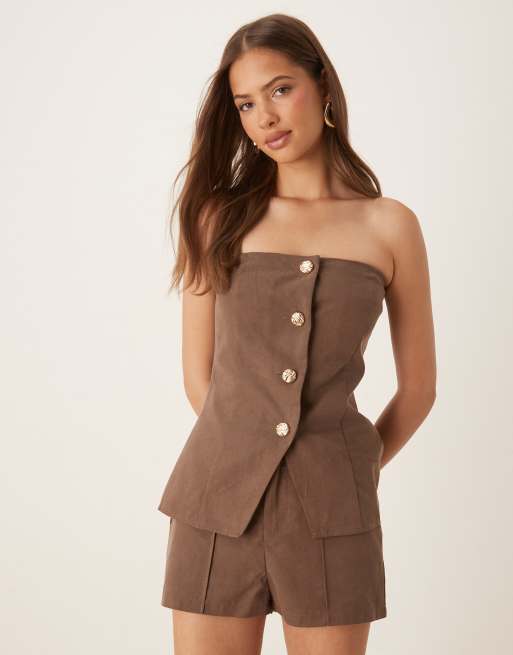 SNDYS - Gilet de tailleur bandeau d'ensemble aspect lin avec boutons dorés et liens dans le dos - Marron