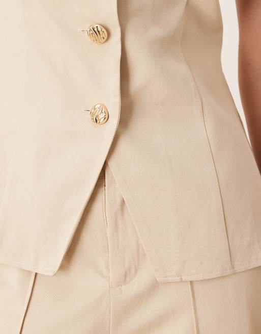 SNDYS - Gilet de tailleur bandeau d'ensemble fendu devant aspect lin avec boutons dorés et liens dans le dos - Crème, 2 de 4