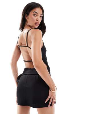 halterneck belted backless mini dress in black