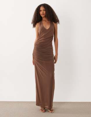 Sndys Halterneck Mesh Insert Drape Detail Maxi Dress In Brown