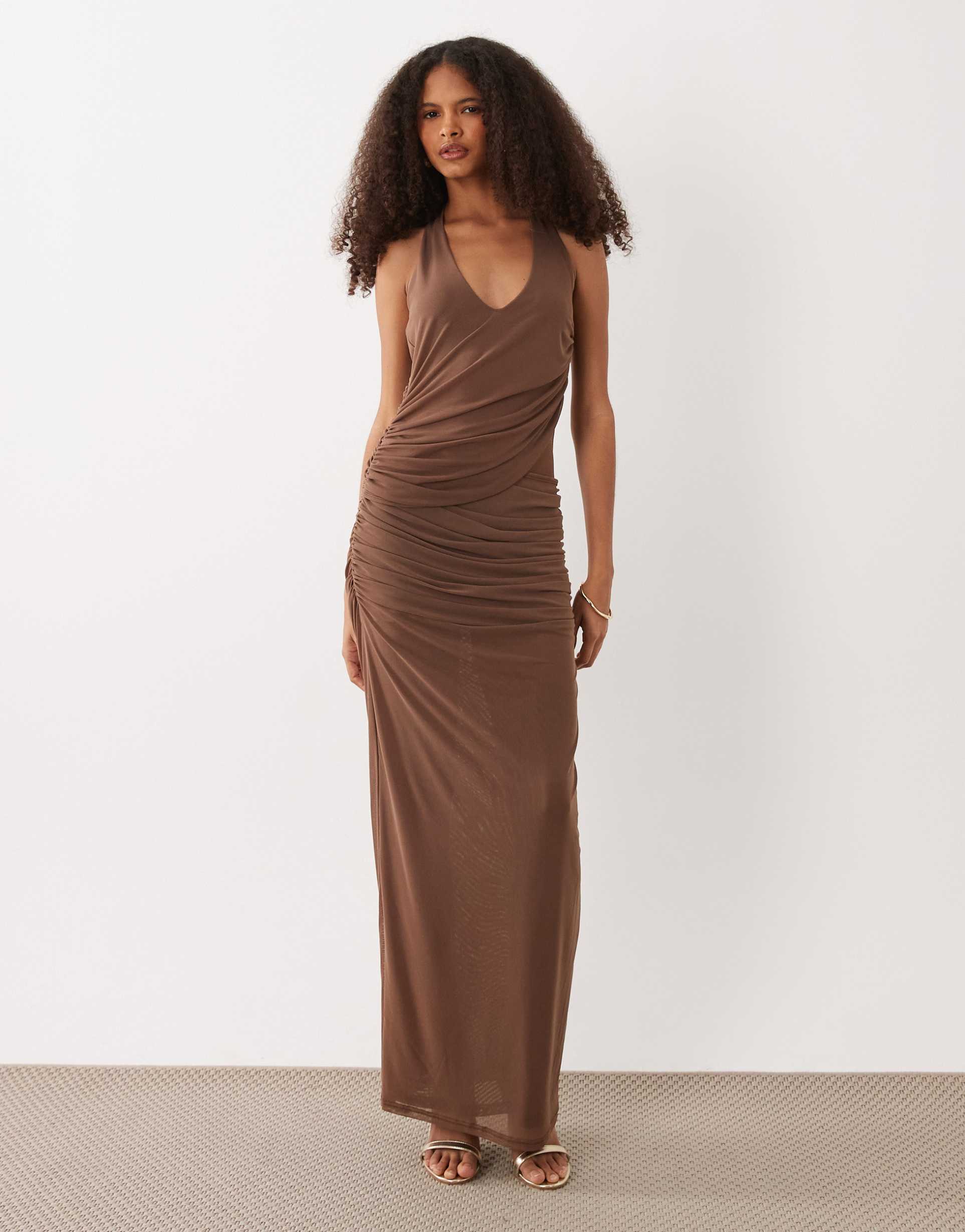 sndys halterneck mesh insert drape detail maxi dress in chocolate