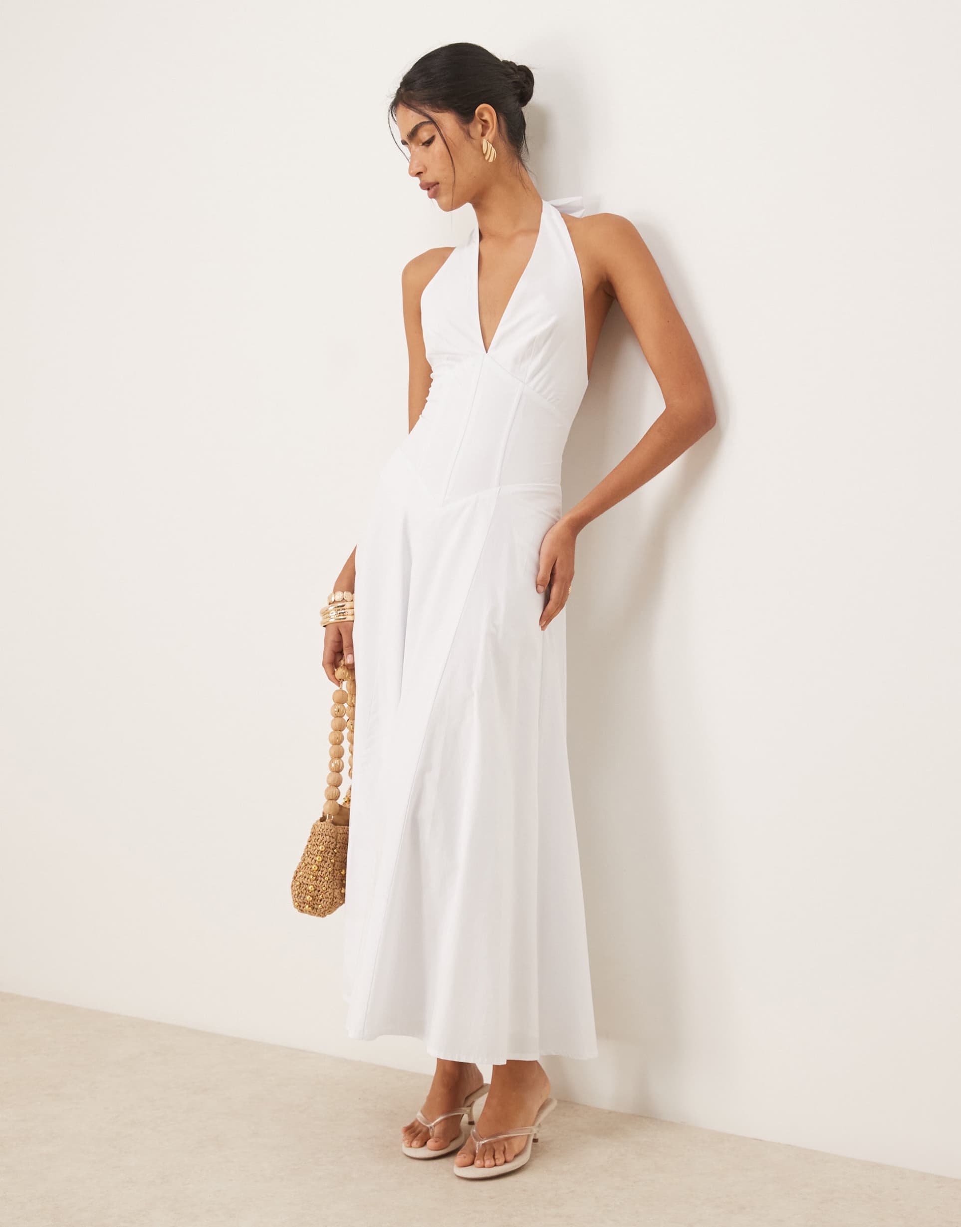 sndys halterneck tie back plunge corset detail maxi dress in white