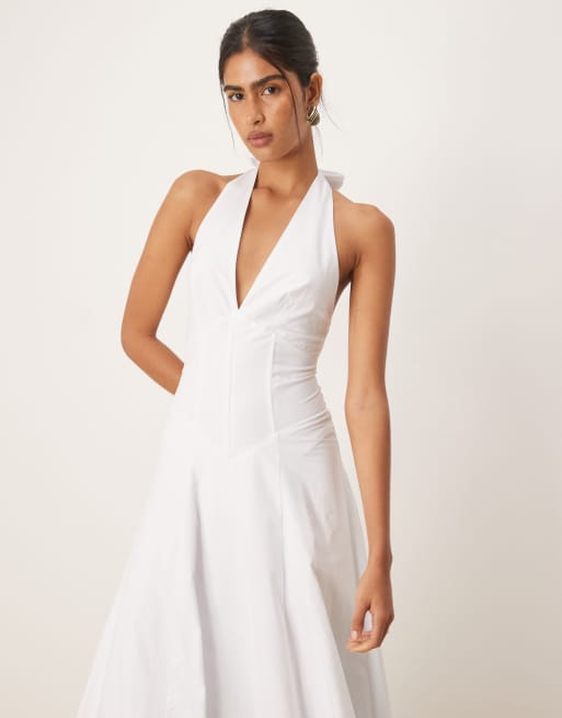 SNDYS halterneck tie back plunge corset detail maxi dress in white