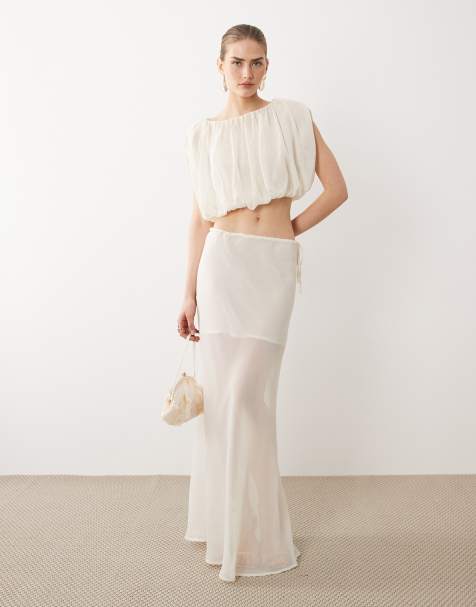 SNDYS heavyweight chiffon draped detail crop top and maxi skirt set in off white - view 1