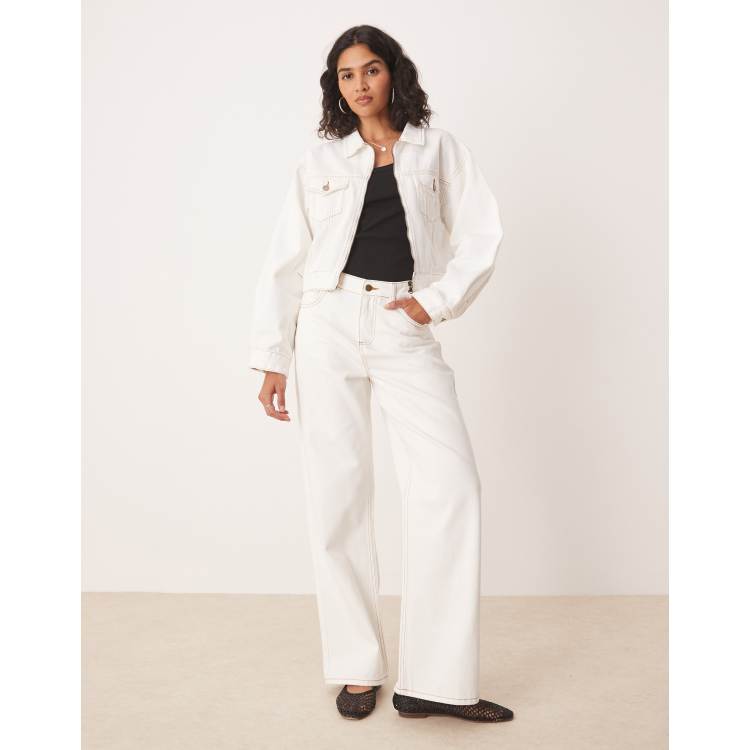 SNDYS high waist straight leg contrast stitch jeans in white
