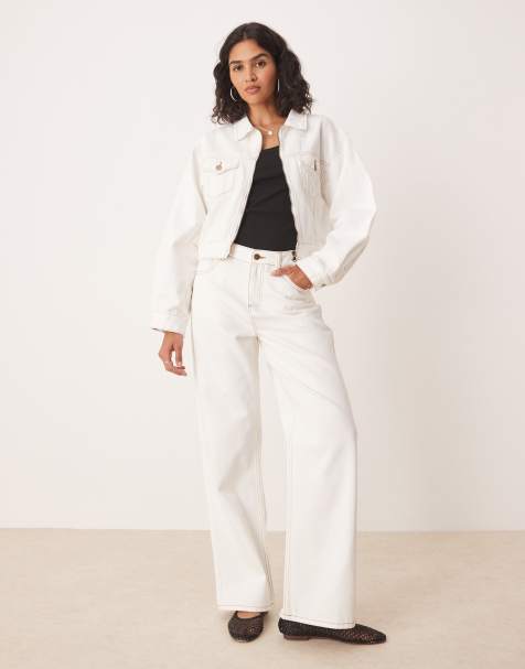 SNDYS high waisted straight leg contrast stitch jeans co-ord in white