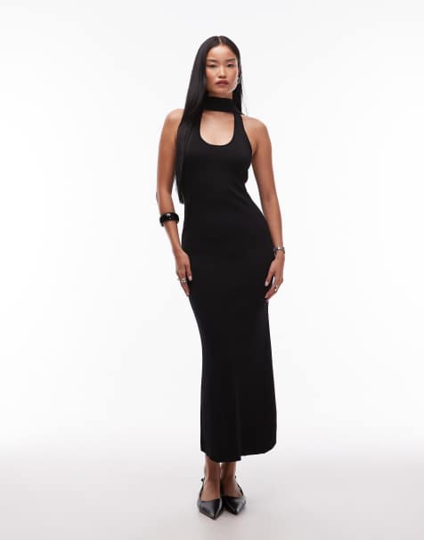 SNDYS – Hochwertiges Maxikleid aus Rippstrick in Schwarz mit U-Ausschnitt, Schal-Detail und Schwalbenschwanz - view 1