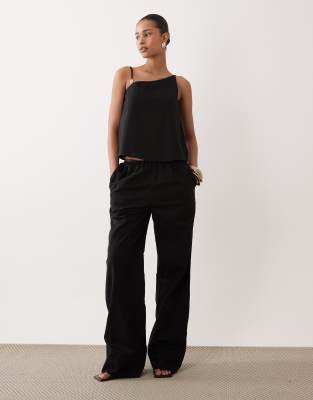 Hose aus Leinenmix in Schwarz mit elastischem Bund und weitem Bein, Kombiteil Schwarz XS