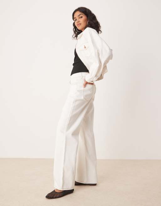 SNDYS - Jeans dritti a vita alta bianchi con cuciture a contrasto in coordinato, 3 di 5